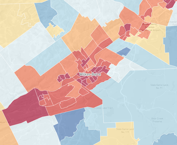 A map of a city showing different colored areas