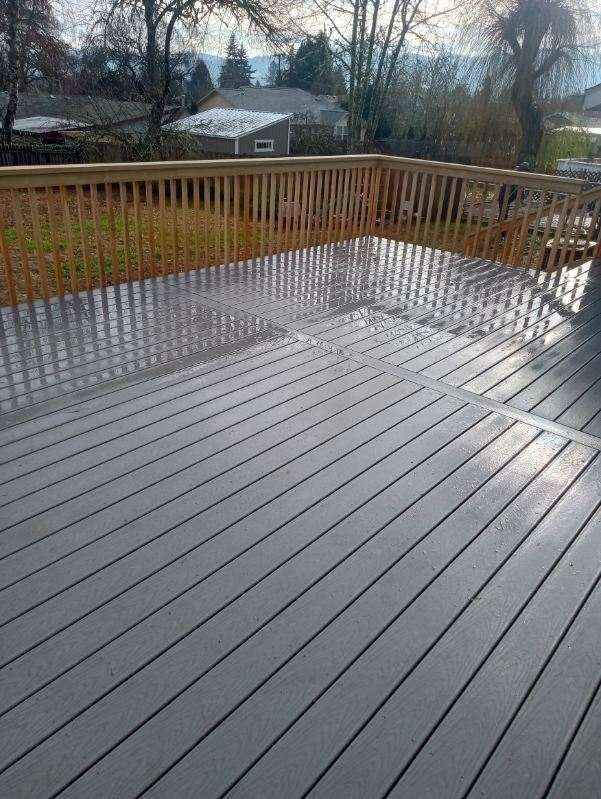 Wet wooden deck with railing overlooking a backyard and trees on an overcast day