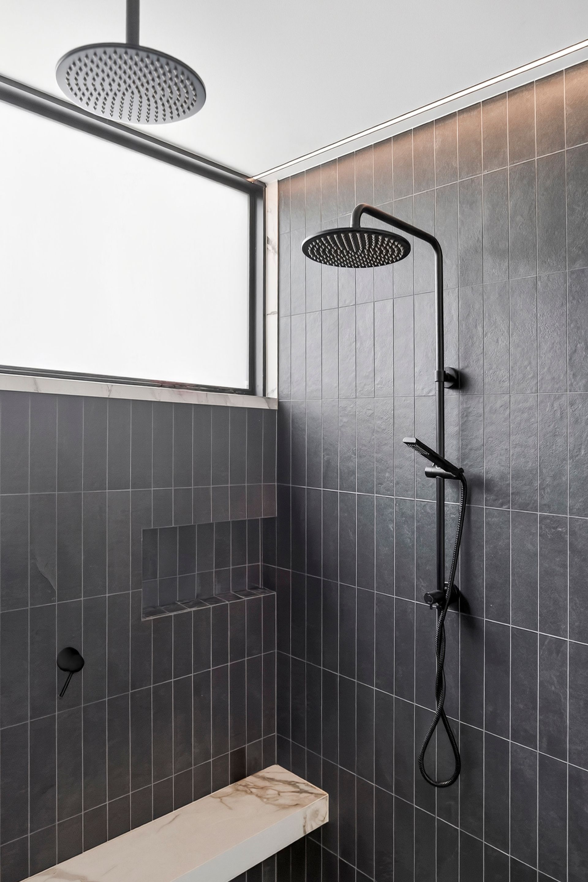 Modern bathroom with marble walls, wooden vanity, and open shelving— PK4 Projects in Port Macquarie, NSW