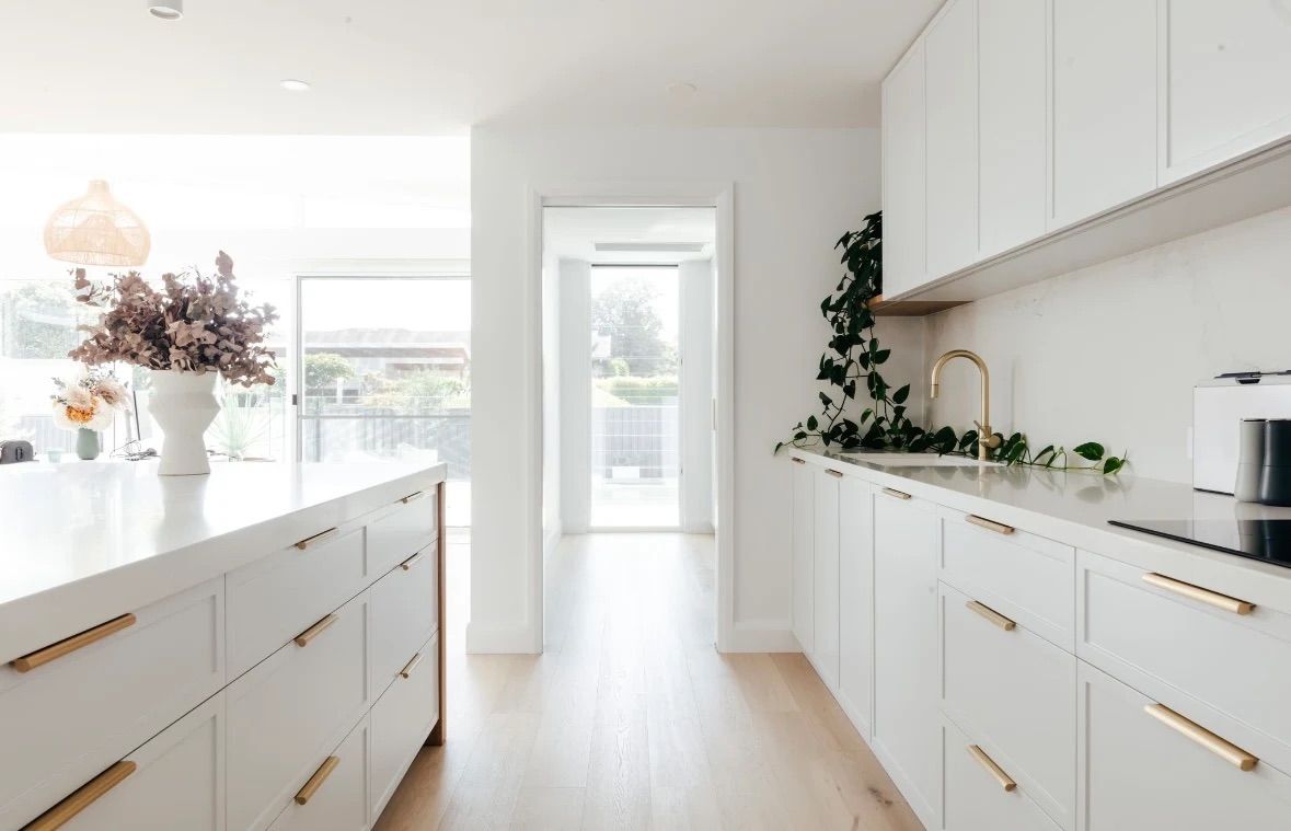 White modern kitchen with island and cabinetry, gold hardware, greenery, and a bright hallway  — PK4 Projects in Port Macquarie, NSW