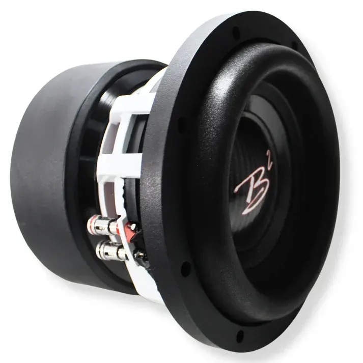 Een b2-subwoofer wordt op een witte achtergrond weergegeven