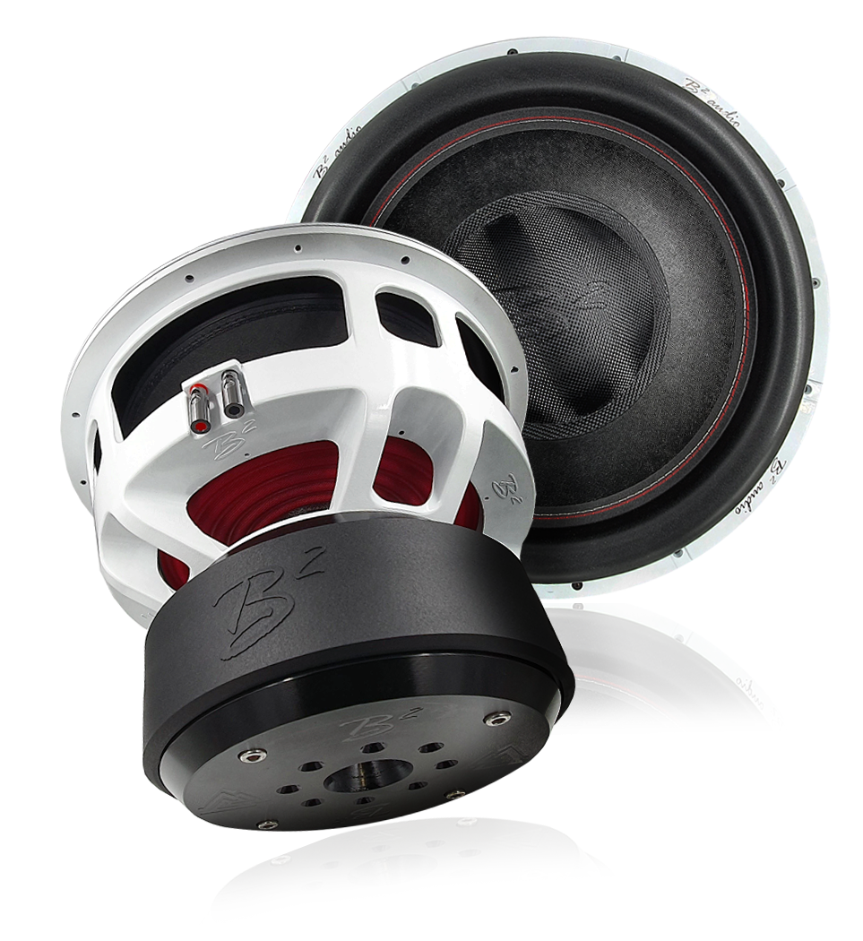 Een close-up van een subwoofer op een witte achtergrond.
