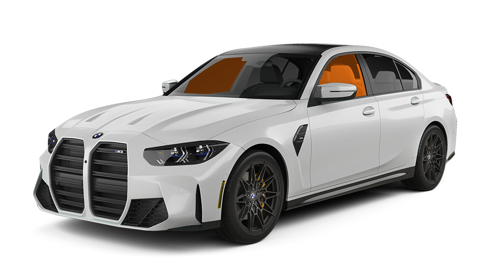 White BMW M3 sedan with black accents and tinted windows.