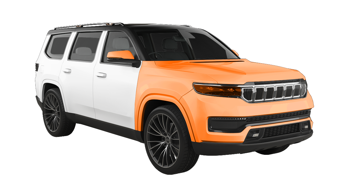 White and orange SUV with black wheels, parked with a white background.