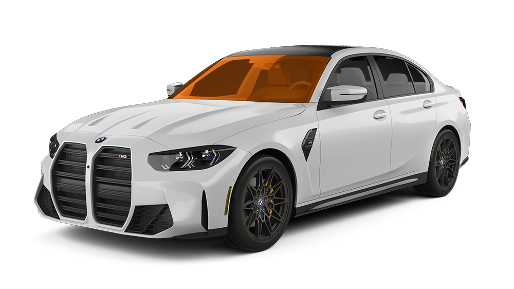 White BMW M3 sedan with tinted windows and black accents, angled slightly.