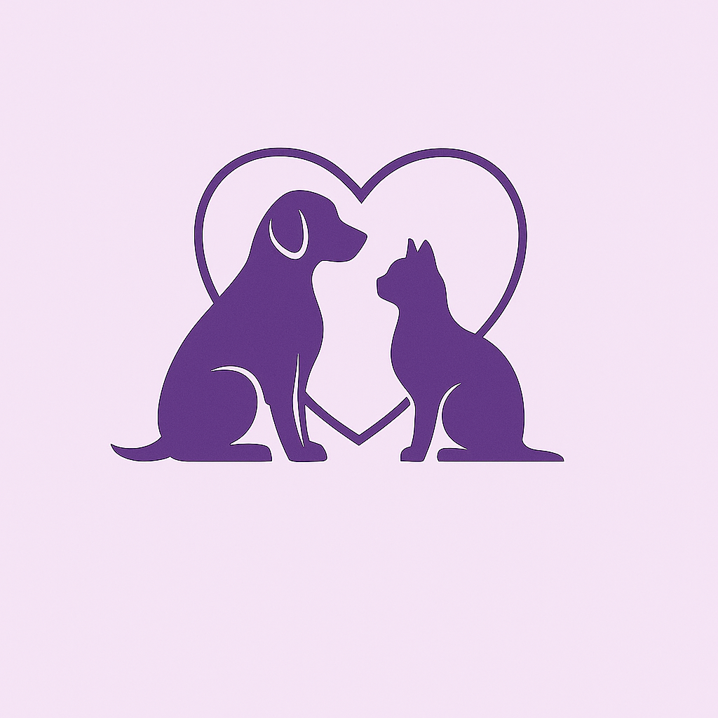 Purple silhouette of a dog and cat facing each other inside a heart on a light pink background