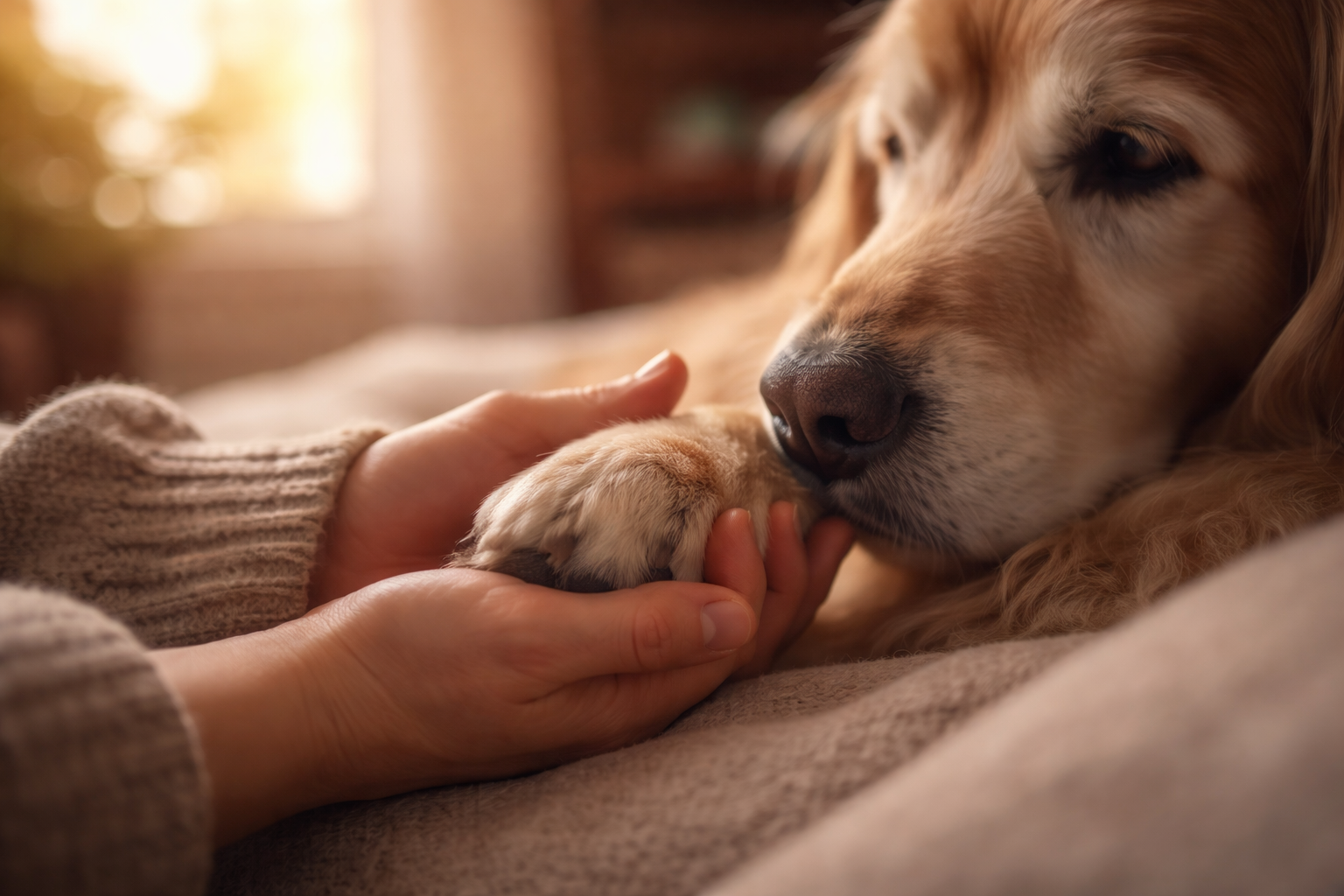 Golden retriever puppy resting its paw in a person's hands on a soft bed, warm light in the background