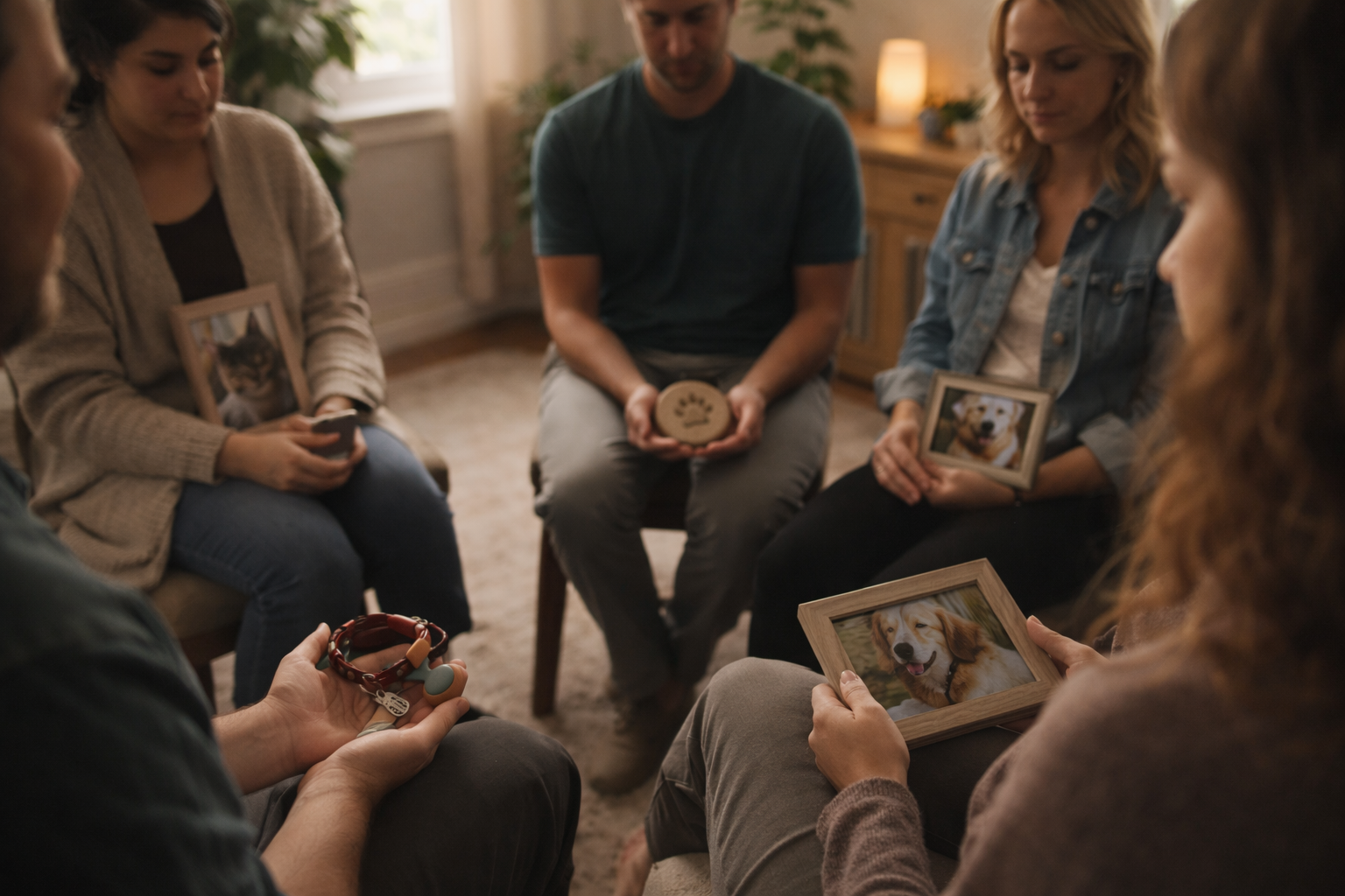 People seated in a circle holding framed photos during a warm, intimate group discussion