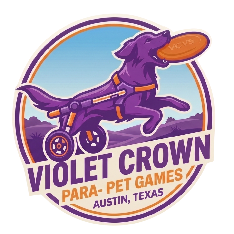 Violet Crown Para-Pet Games logo: purple dog riding a bike with a frisbee, Austin, Texas
