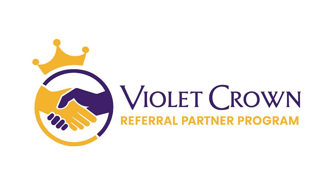 Violet Crown Referral Partner Program logo with gold crown and purple handshake icon
