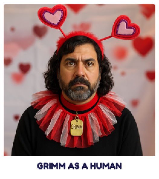 Portrait of a man in a red heart headband and ruffled collar, with “GRIMM AS A HUMAN” text below.