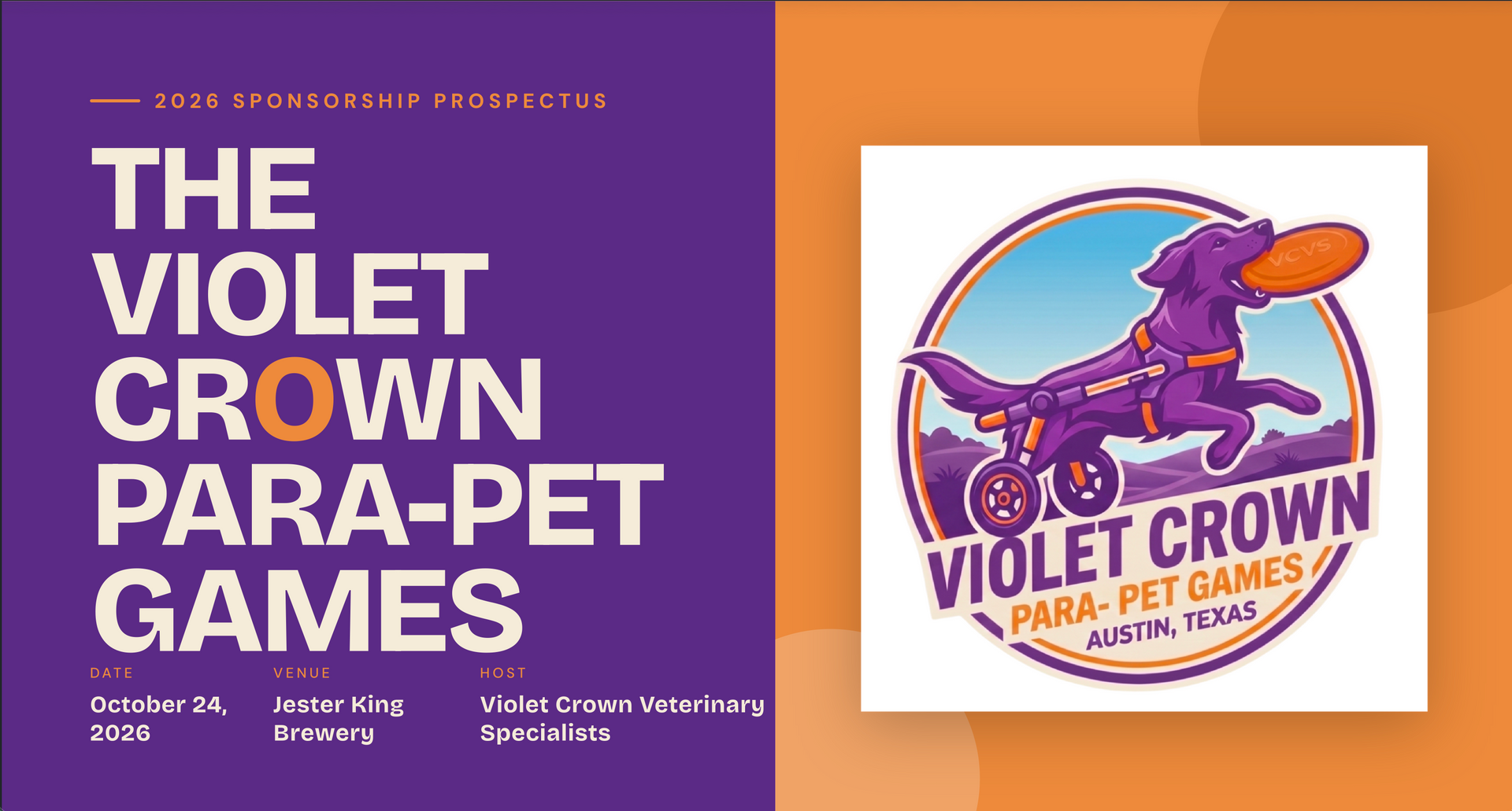 Purple and orange event poster for The Violet Crown Para-Pet Games with a pet-and-rider logo