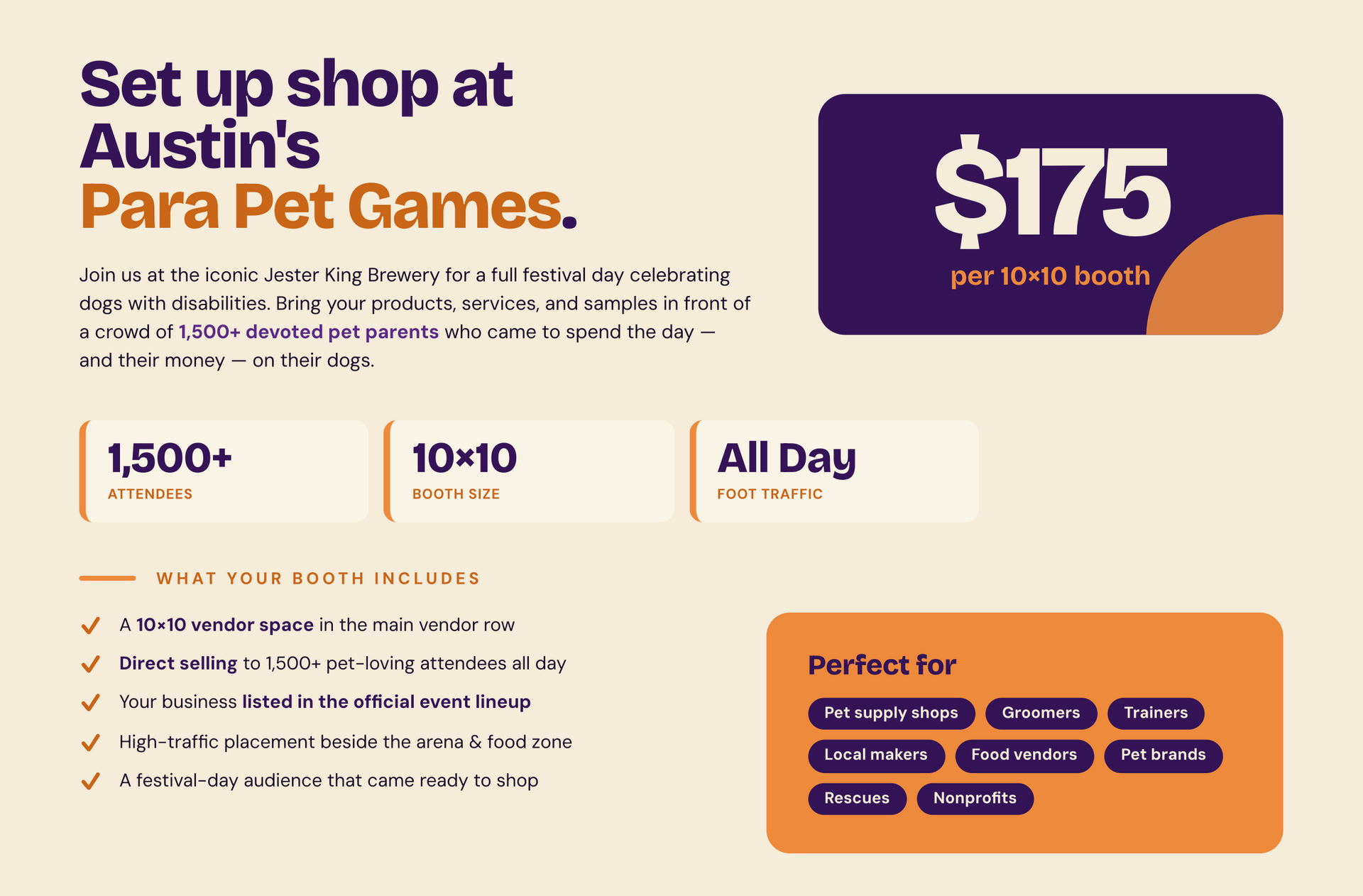 Promo graphic for Austin’s Para Pet Games, featuring a $175 fee, event details, and pet-related tags.