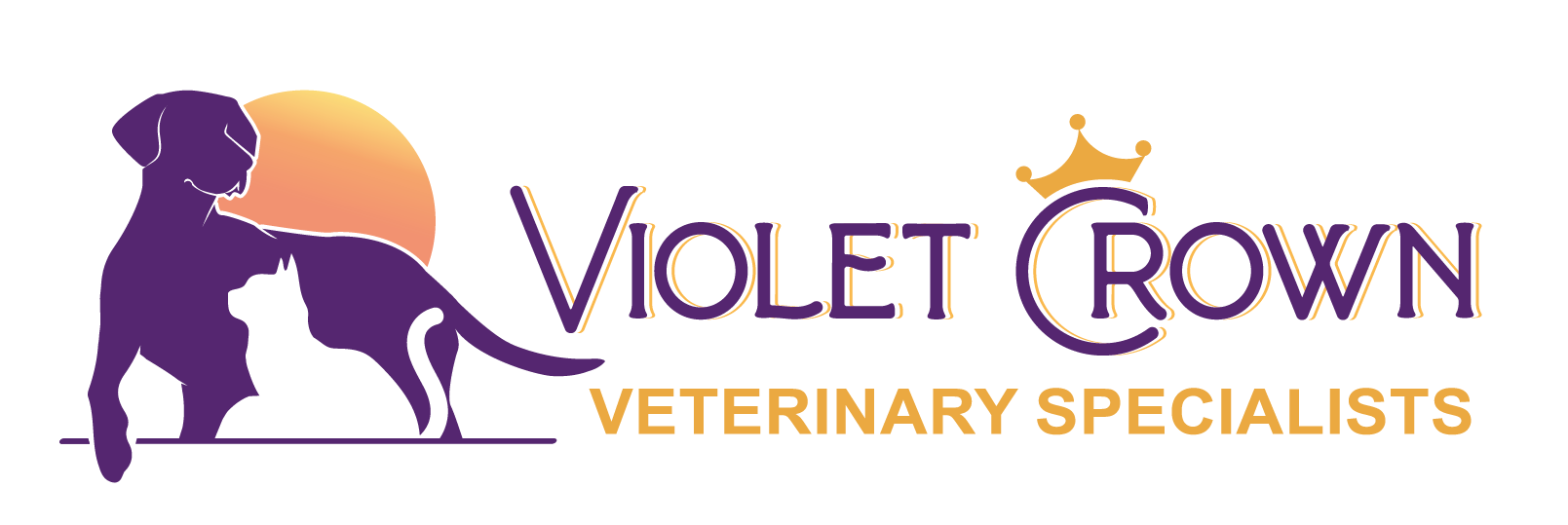 Violet Crown Veterinary Specialists logo with purple cat and orange crown, purple and orange text