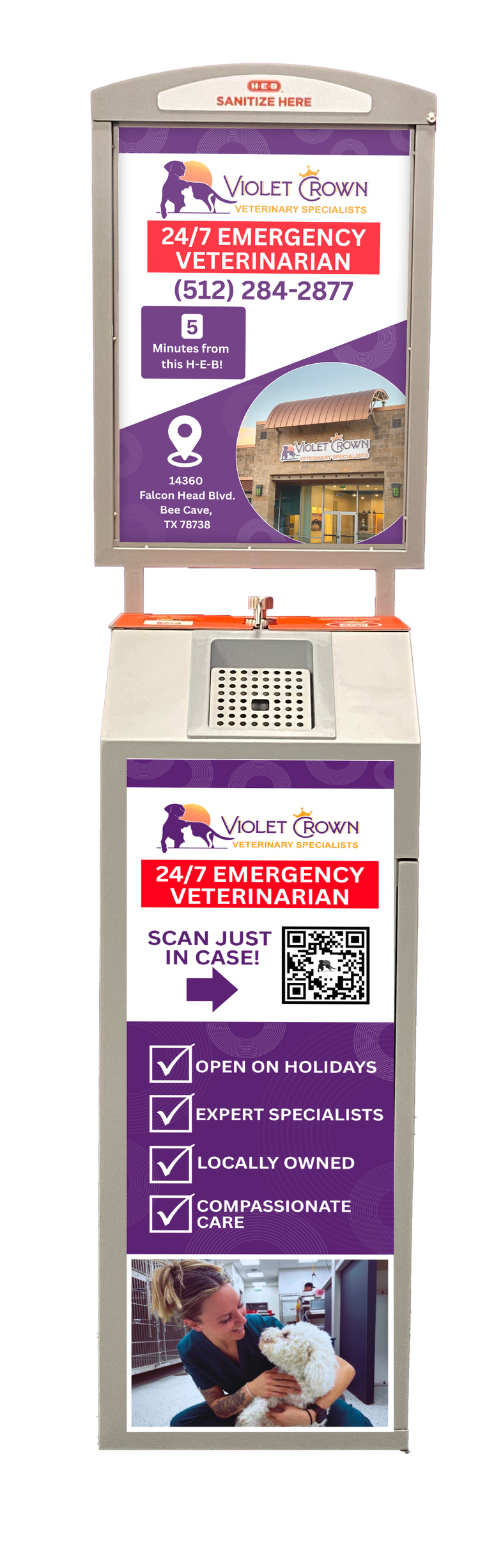 Violet Crown Veterinary Speciality pet emergency ad with clinic photo, phone number, and Bee Cave location