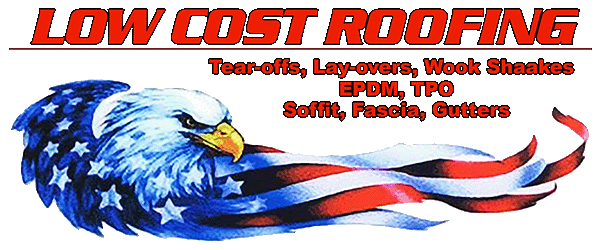 Low Cost Roofing logo with red text, eagle over American flag, and service list on white background