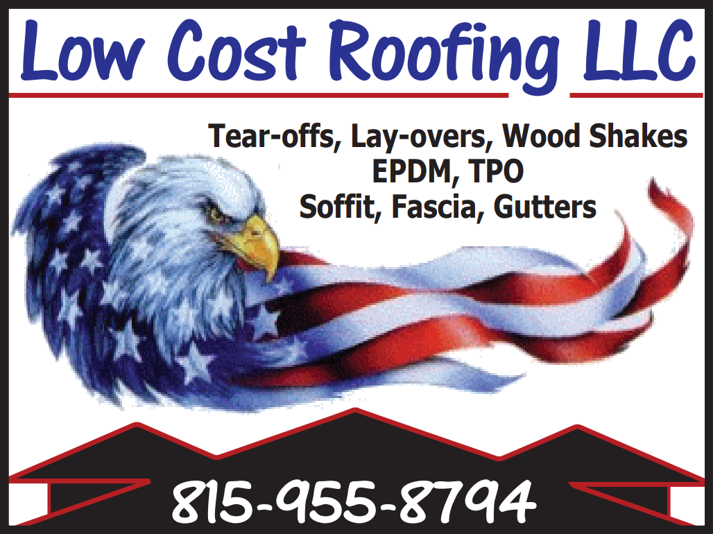 Low Cost Roofing LLC banner with eagle, U.S. flag, roofing services, and phone number 815-955-8794