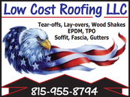 Low Cost Roofing LLC banner with eagle, U.S. flag, roofing services, and phone number 815-955-8794