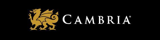 Gold lion logo beside the word “CAMBRIA” on a black background