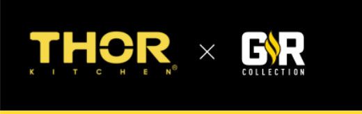 THOR Kitchen x GOR Collection logos on a black background, with a gold divider line