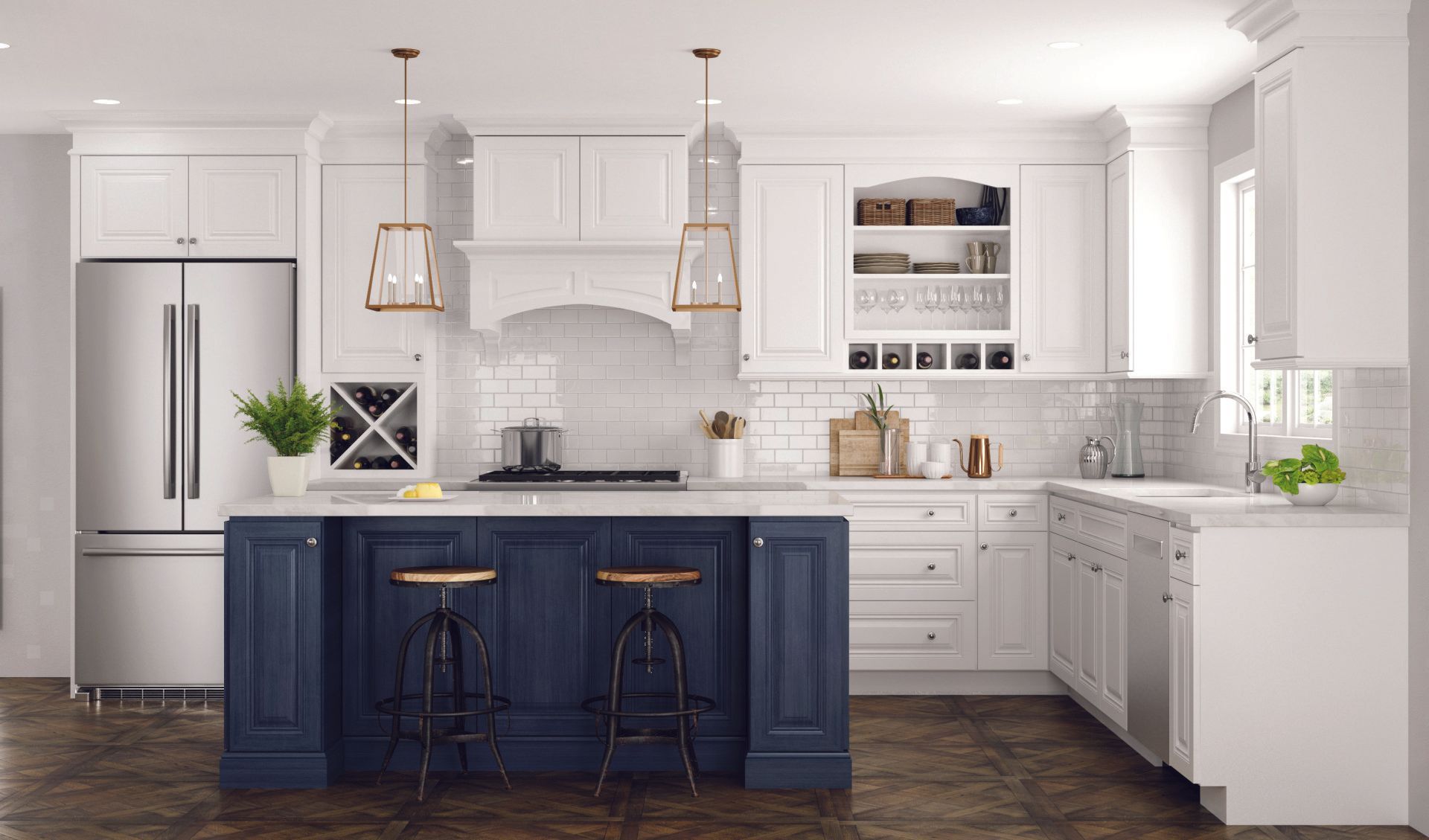 Bright white kitchen with navy island, pendant lights, stainless fridge, and wood floor