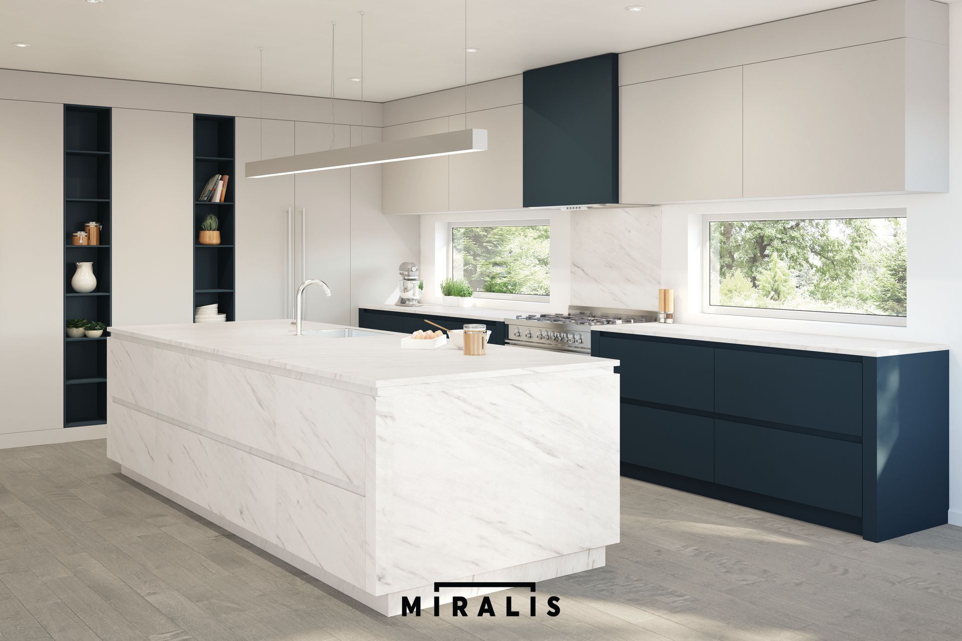 Modern kitchen with white marble island, dark blue cabinets, and large windows with natural light