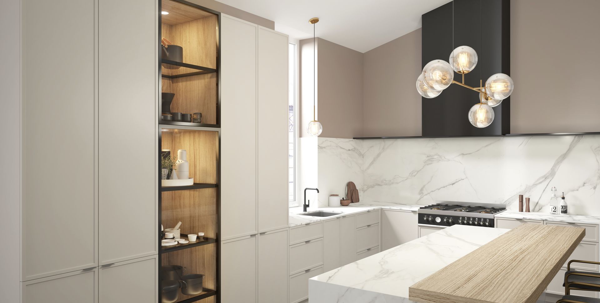 Modern kitchen with white cabinets, marble backsplash, island, and black pendant lights