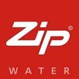 Zip Water logo on a red background, white stylized text.
