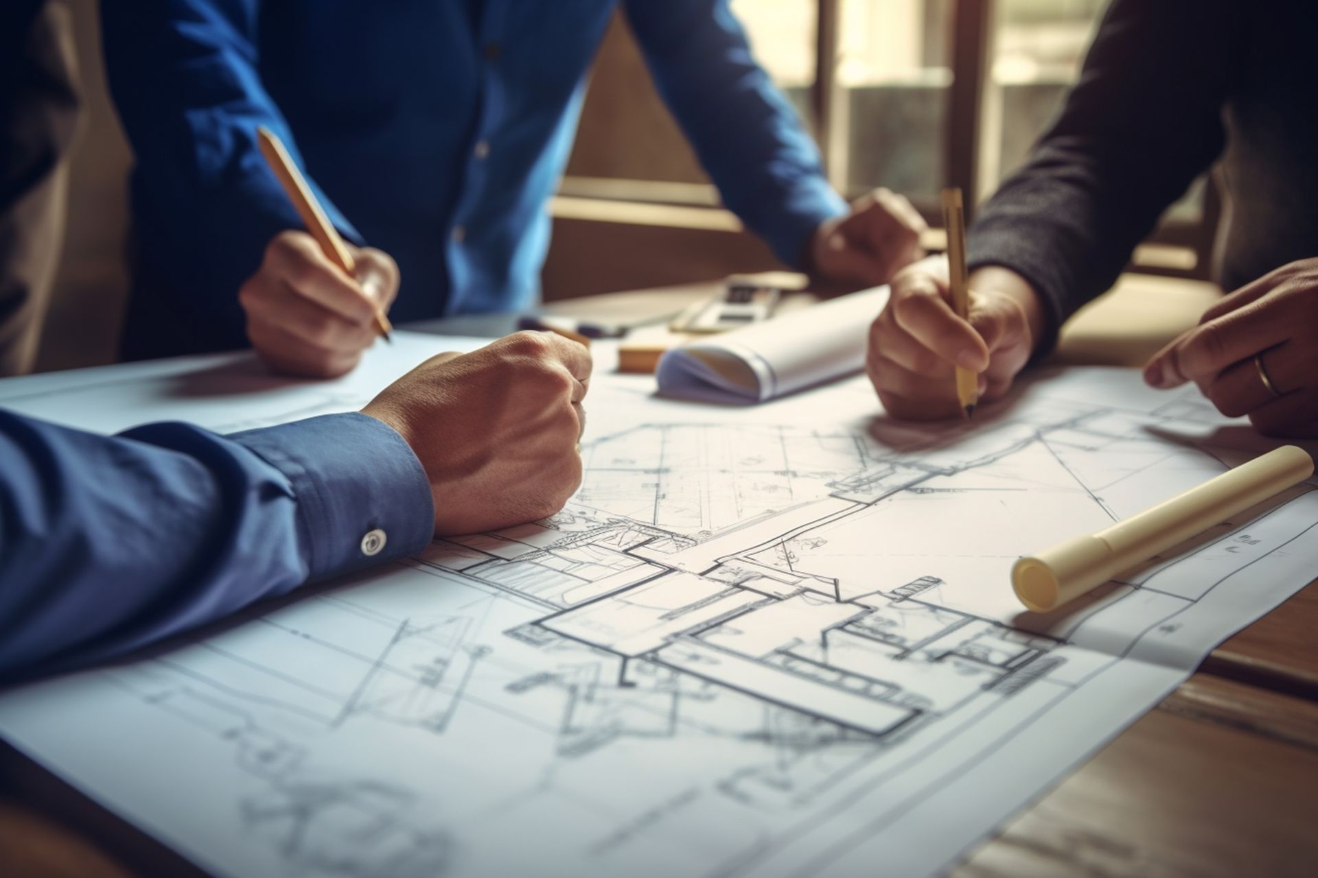 A group of people are sitting around a table looking at a blueprint.
