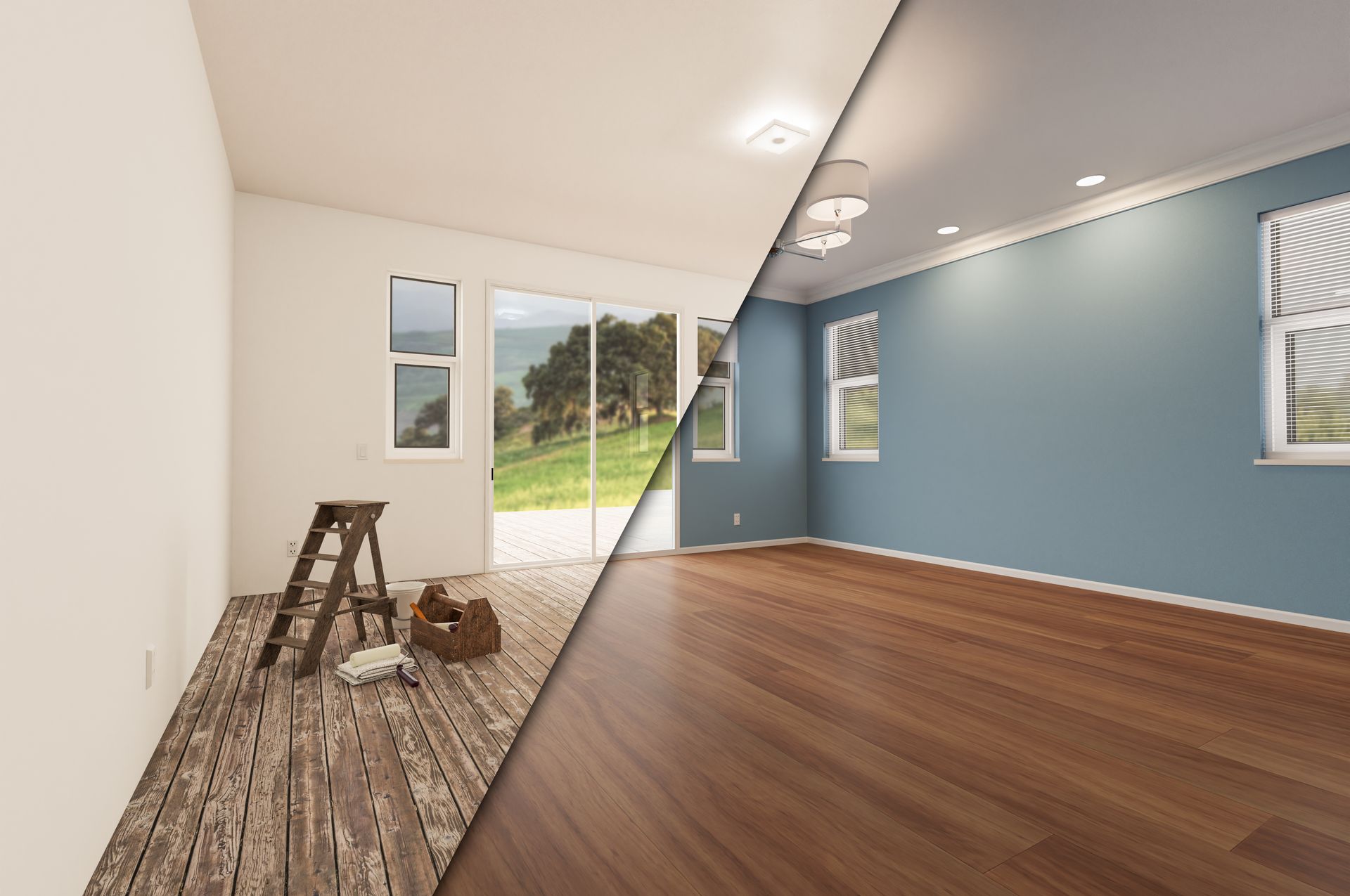 A before and after photo of a room with wooden floors and blue walls.