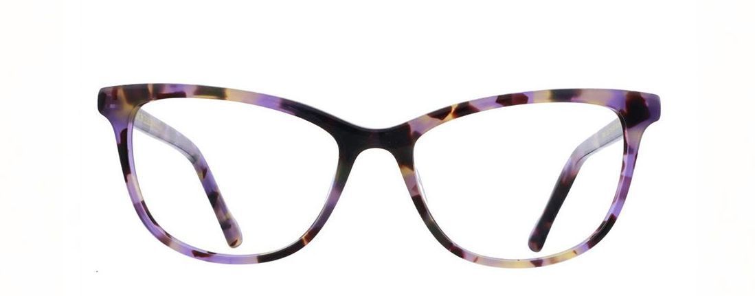 Purple and brown tortoiseshell-patterned eyeglasses.