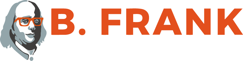 Benjamin Franklin wearing orange glasses; the text