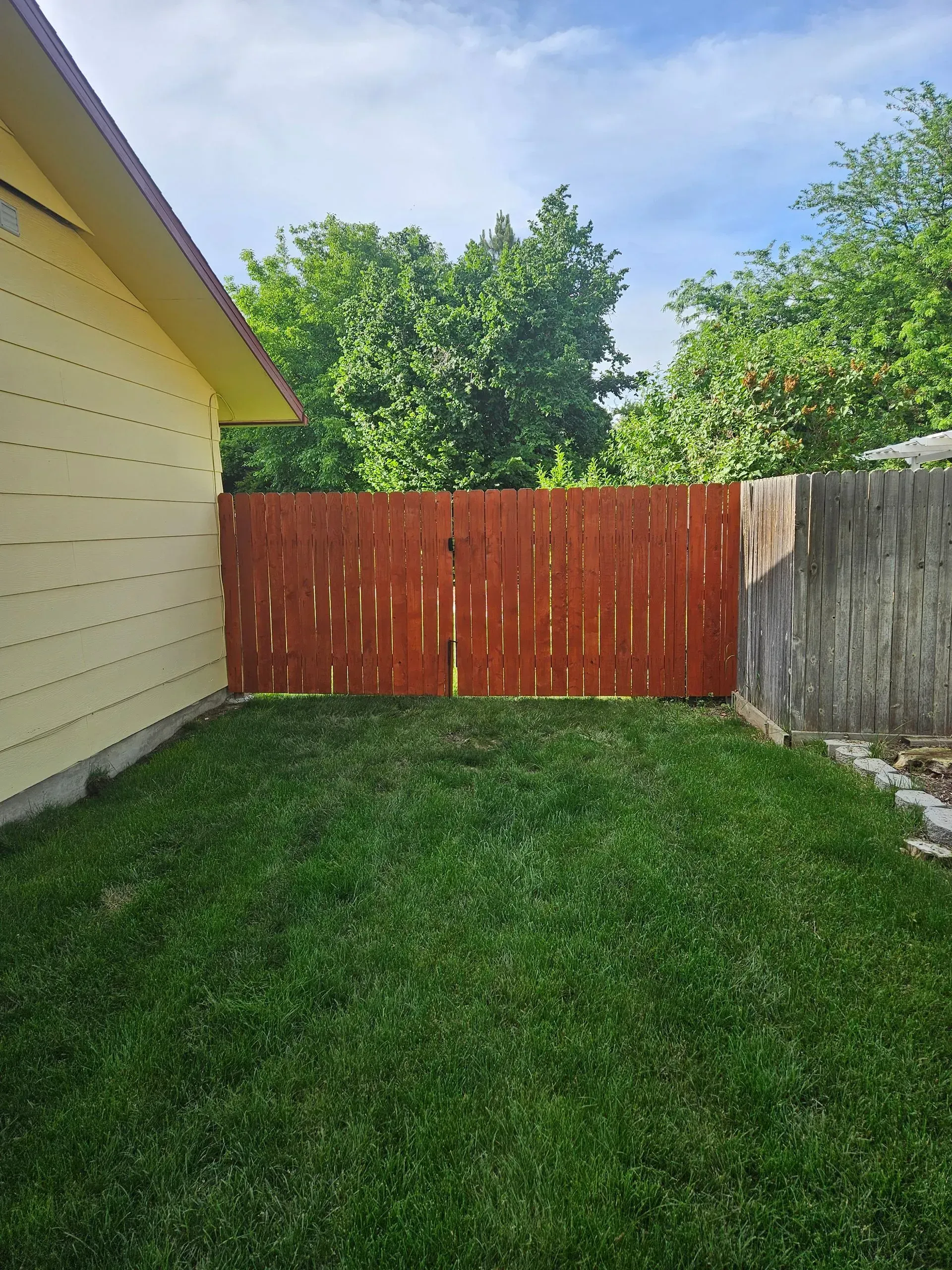 Narrow backyard with green lawn, red wooden fence, yellow house wall, and trees in the background