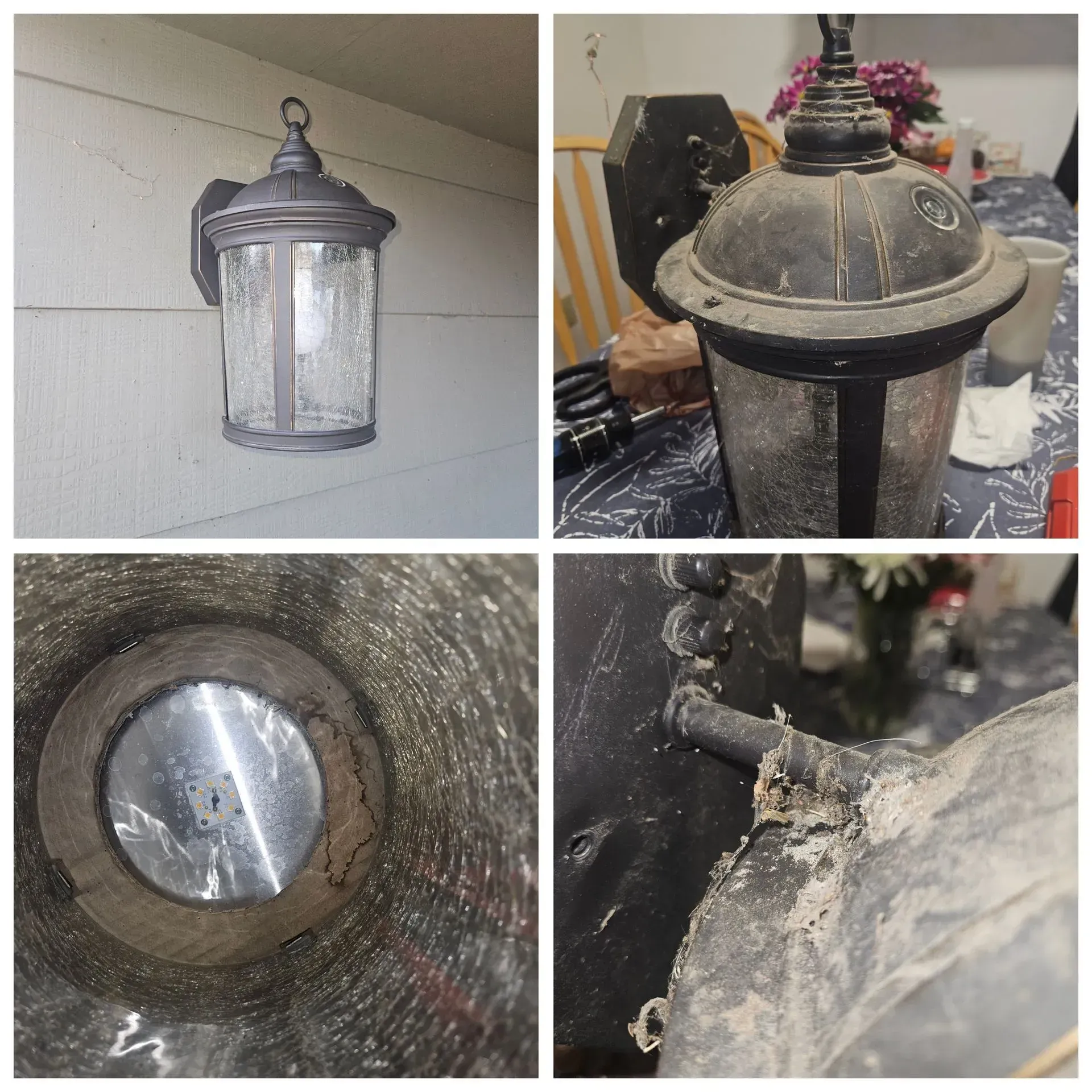 Four close-ups of a weathered black metal lantern with glass panels and floral finial, showing exterior, top, interior, and damage.