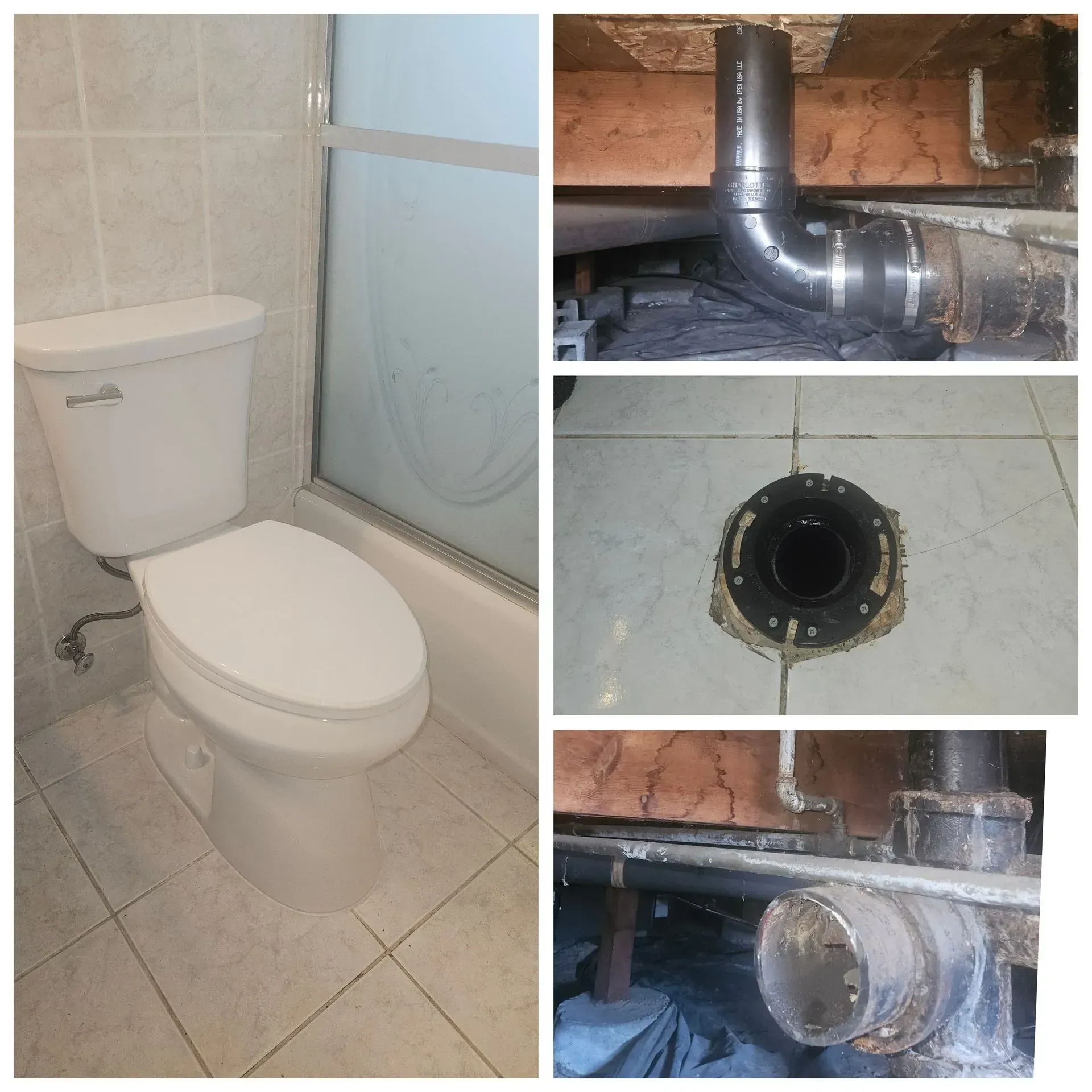 Bathroom toilet beside shower; collage of drain pipe and wall plumbing inspection views.