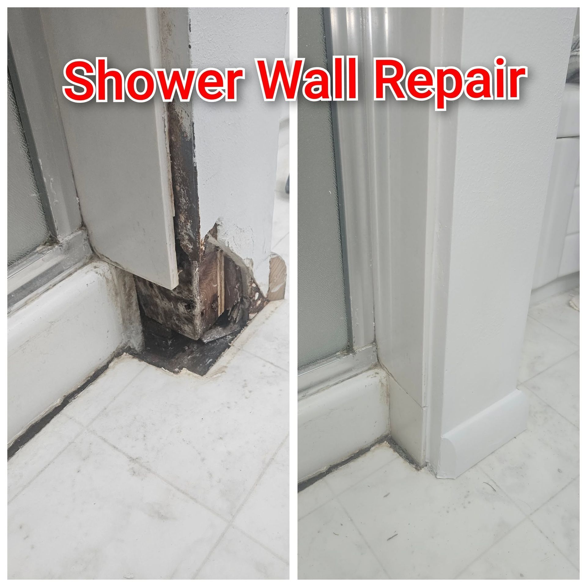 Before-and-after shower wall repair showing damaged base trim and a finished white corner panel.