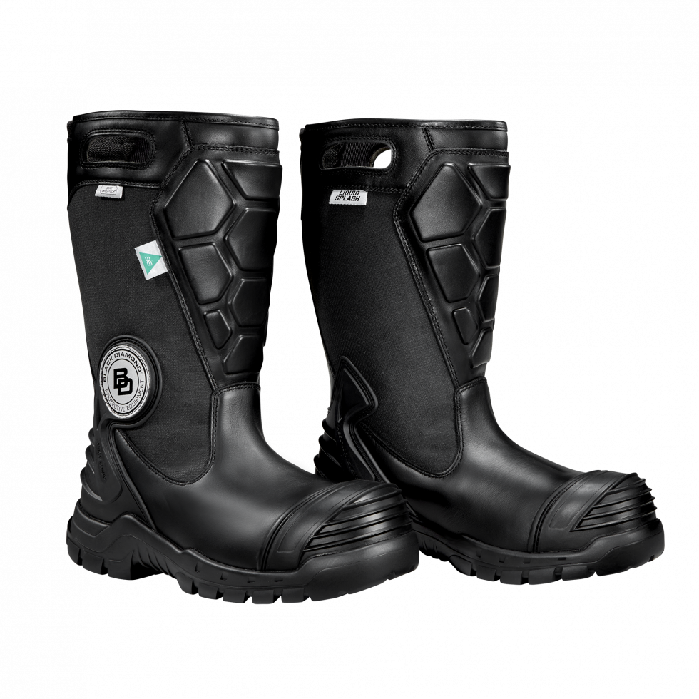 A pair of black safety boots on a white background.