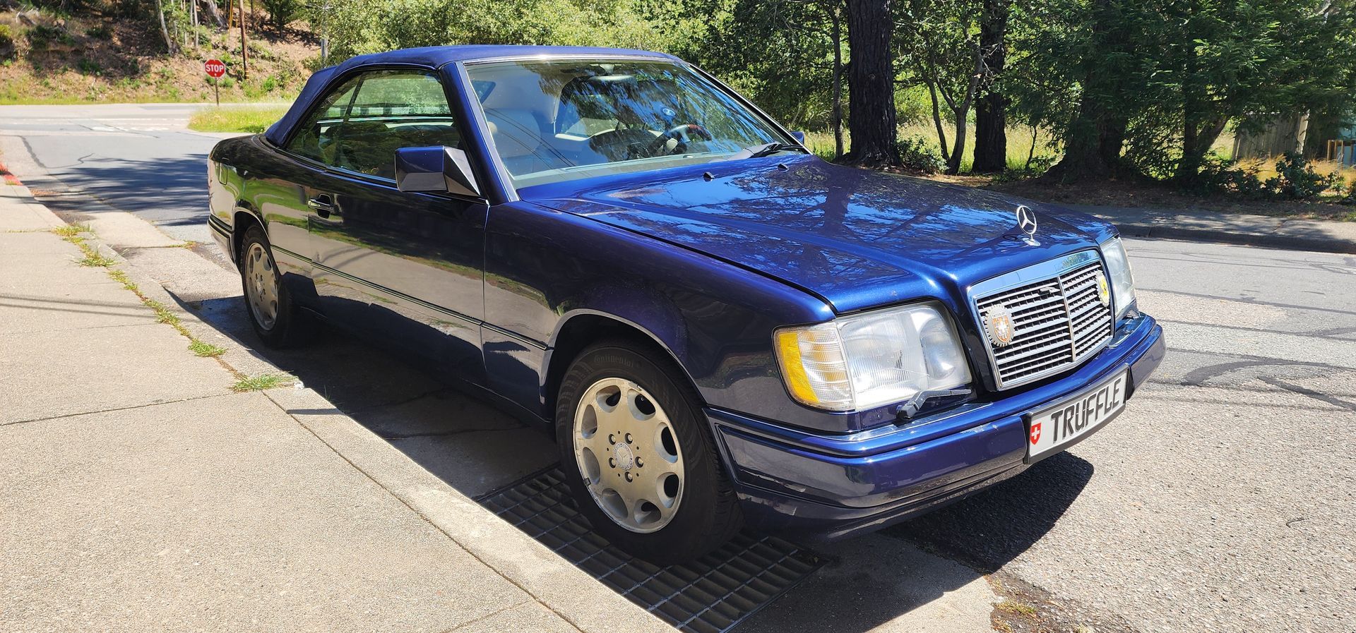 Blue sedan parked on a sunny street with trees in the background