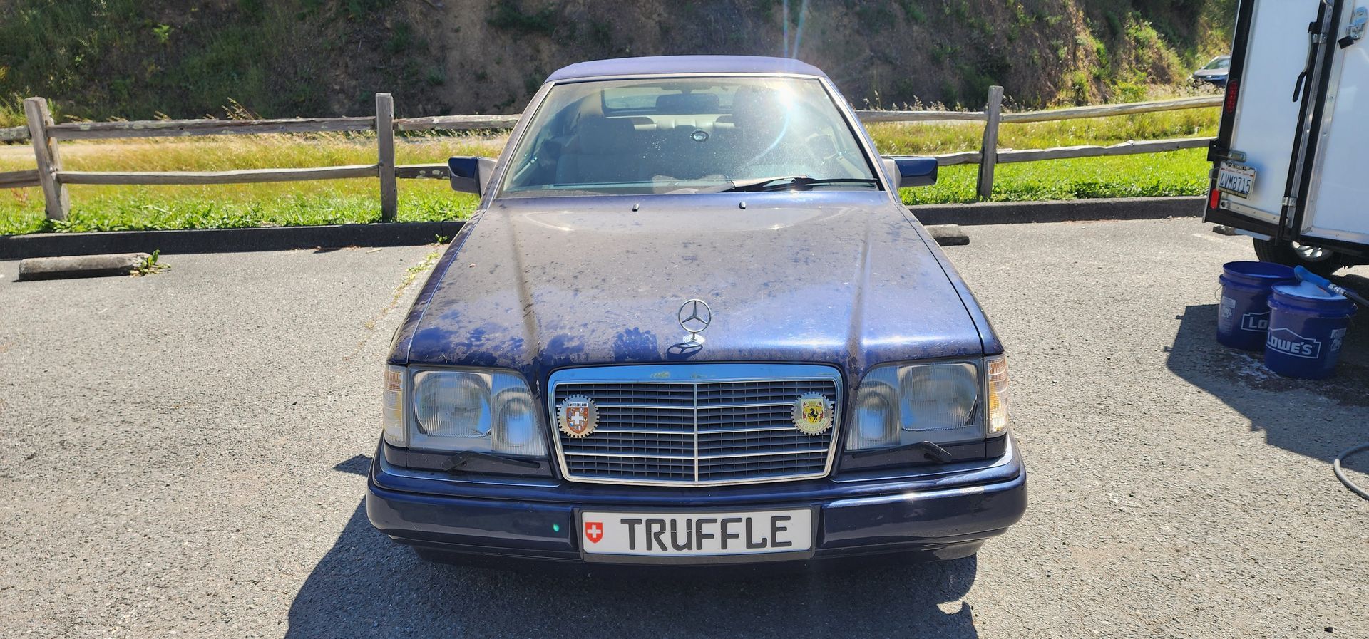 Blue vintage car front view parked outdoors with license plate “TRU FLE”