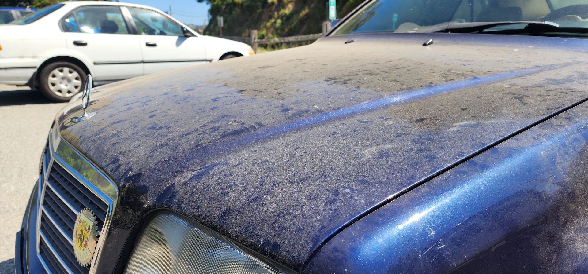 Dust-covered blue car hood and windshield in a parking lot, with a white car in the background