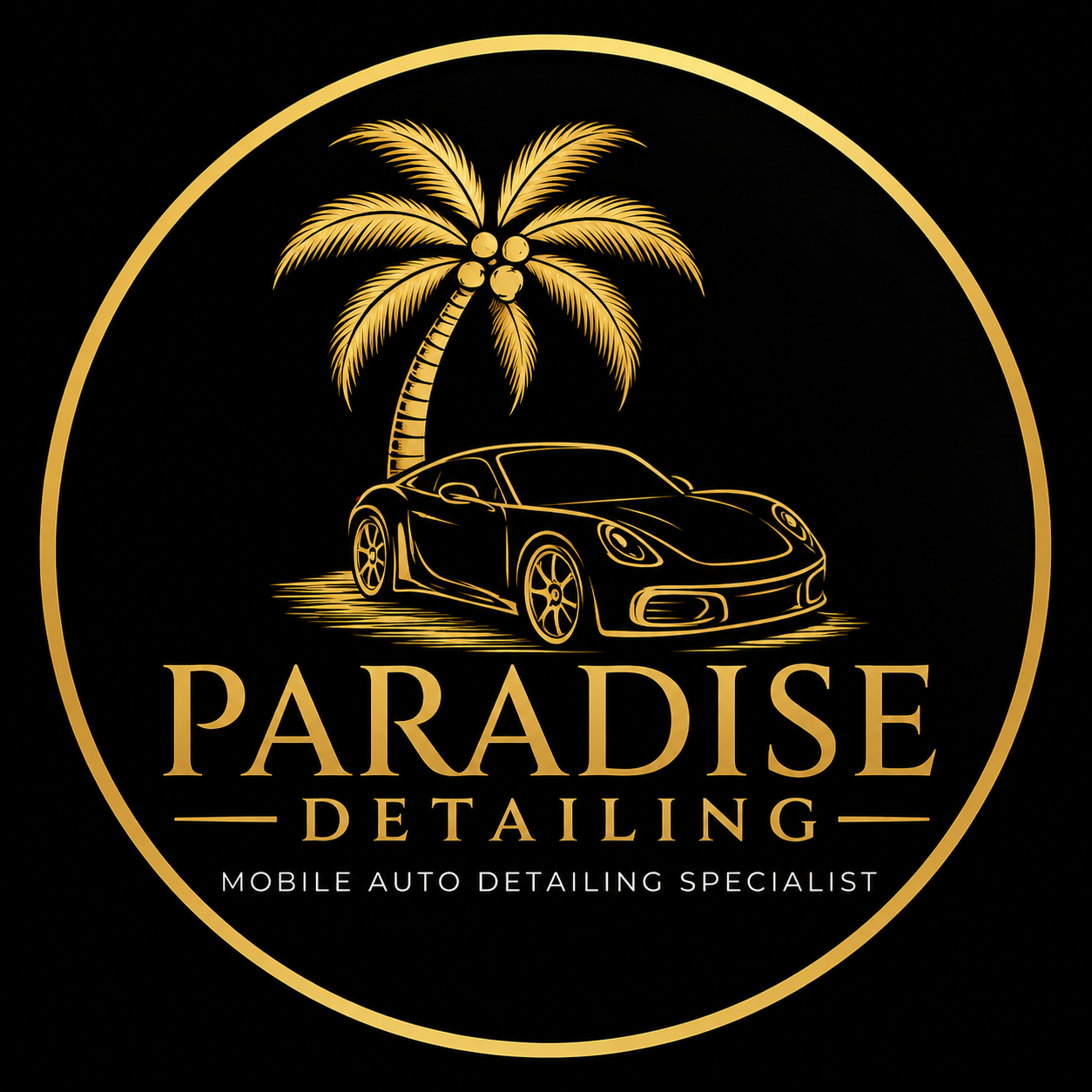 Gold logo with palm trees and sports car for Paradise Detailing mobile auto detailing service
