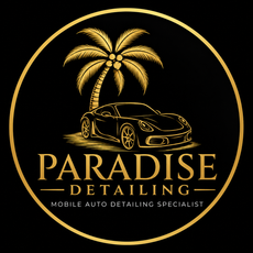 Gold logo with palm trees and sports car for Paradise Detailing mobile auto detailing service