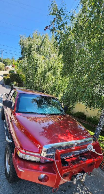 Red SUV with a damaged front bumper parked on a sunny residential street beside trees.