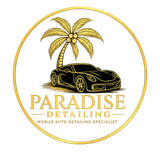Gold circular logo with palm tree and sports car, reading &ldquo;Paradise Detailing&rdquo; and &ldquo;Mobile Auto Detailing Specialist&rdquo;