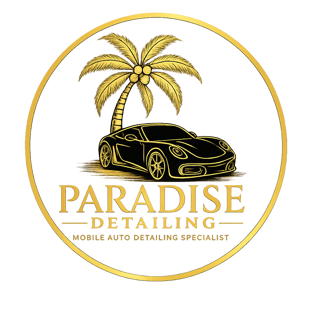 Gold circular logo with palm tree and sports car, reading &ldquo;Paradise Detailing&rdquo; and &ldquo;Mobile Auto Detailing Specialist&rdquo;
