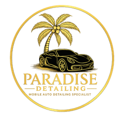 Gold circular logo with palm tree and sports car, reading &ldquo;Paradise Detailing&rdquo; and &ldquo;Mobile Auto Detailing Specialist&rdquo;