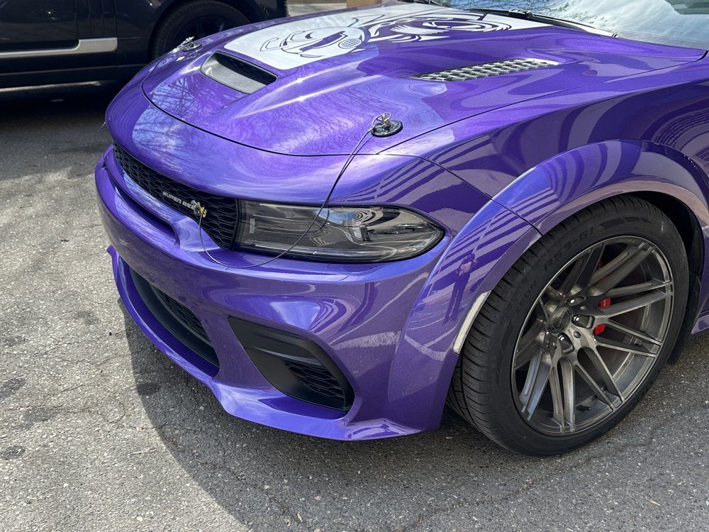 Purple Dodge Charger with Hood Scoop | Peak Customs and Collision Inc