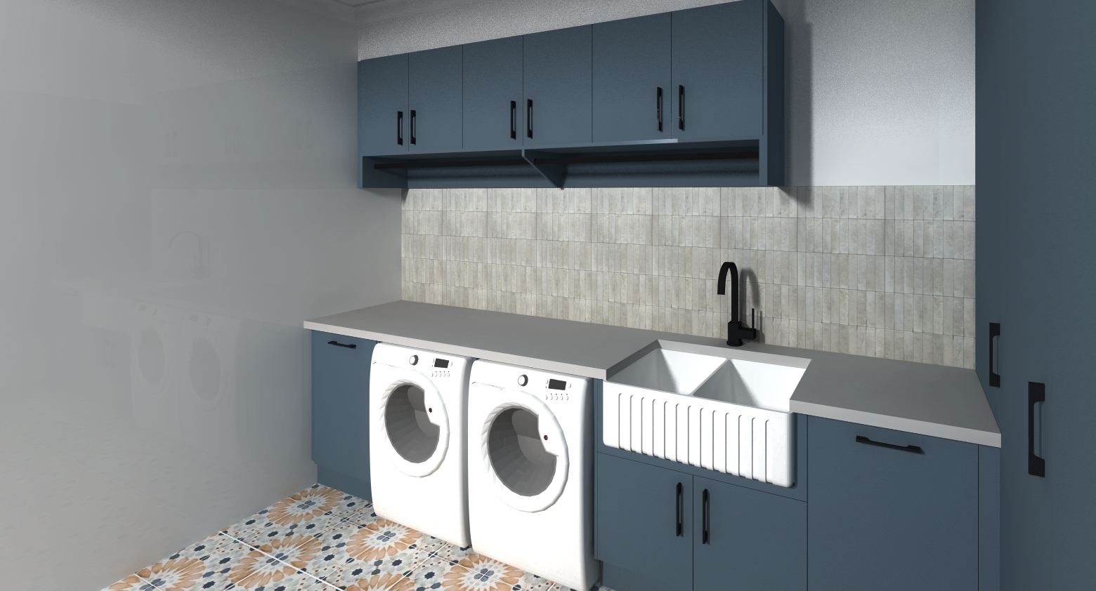 Modern laundry room with blue cabinets, white washer and dryer, sink, and tiled backsplash.
