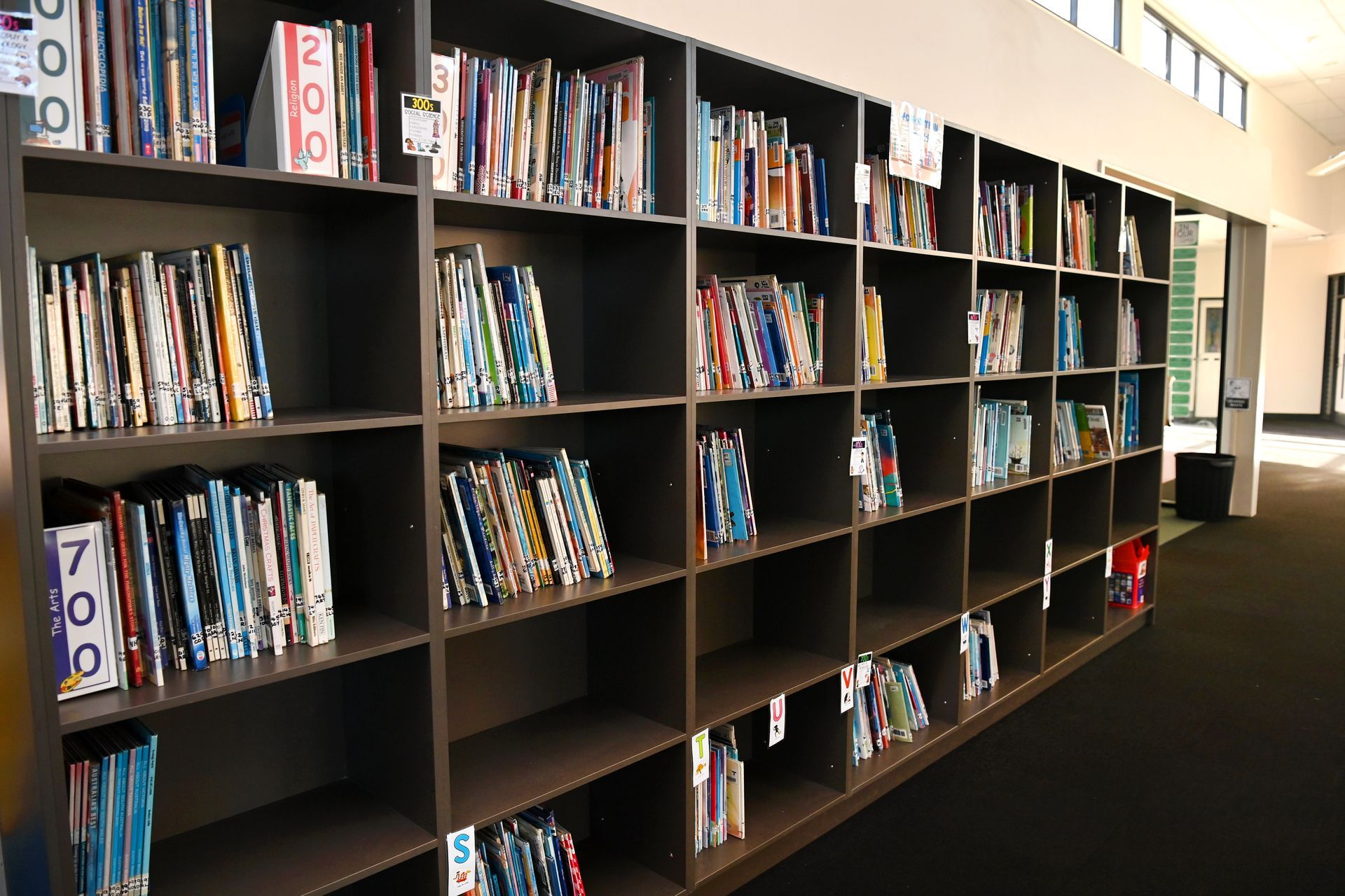Library bookshelves filled with books in a bright reading area