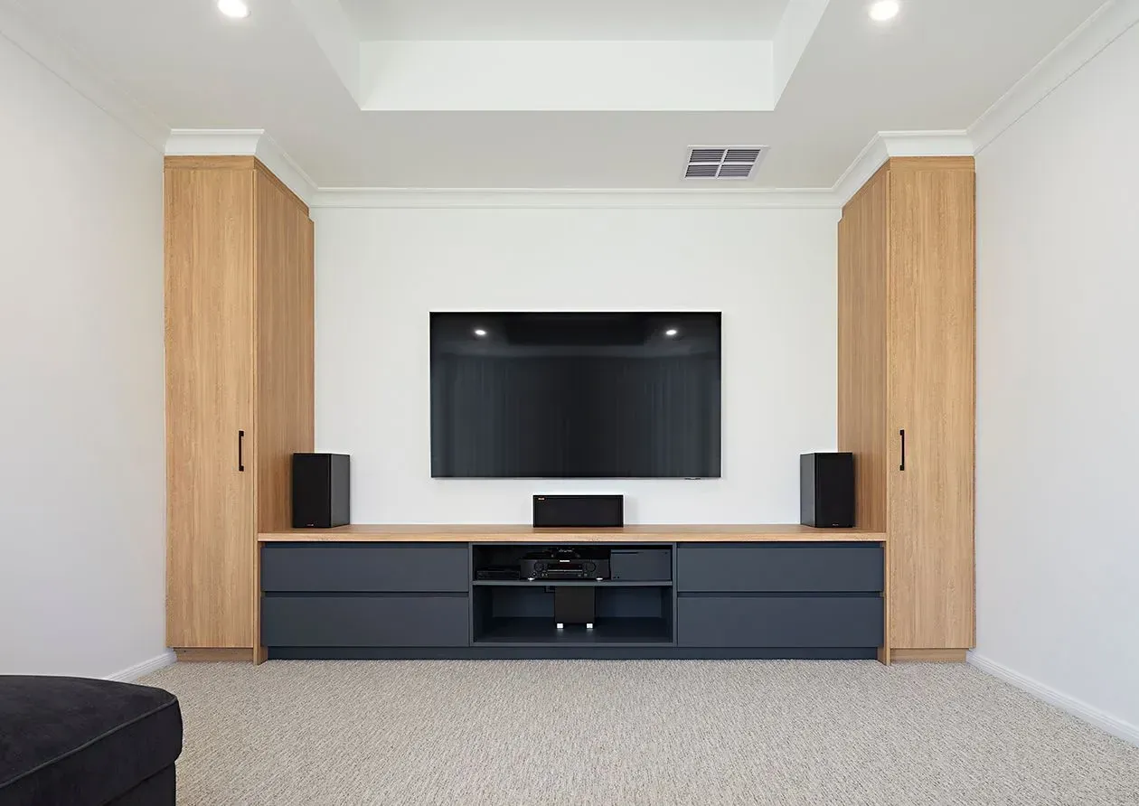 Lamiwood Terril Drawers with the TV on Wall — Shepparton Vic — Kitchenwise Lamiwood Terril Drawers with the TV on Wall — Shepparton Vic — Kitchenwise